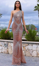 Chic and Holland AR330293 - One-Shoulder Stone Accented Prom Gown