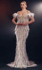 Chic and Holland HF110085 - Feathered Off Shoulder Evening Gown - Silhouette Dresses