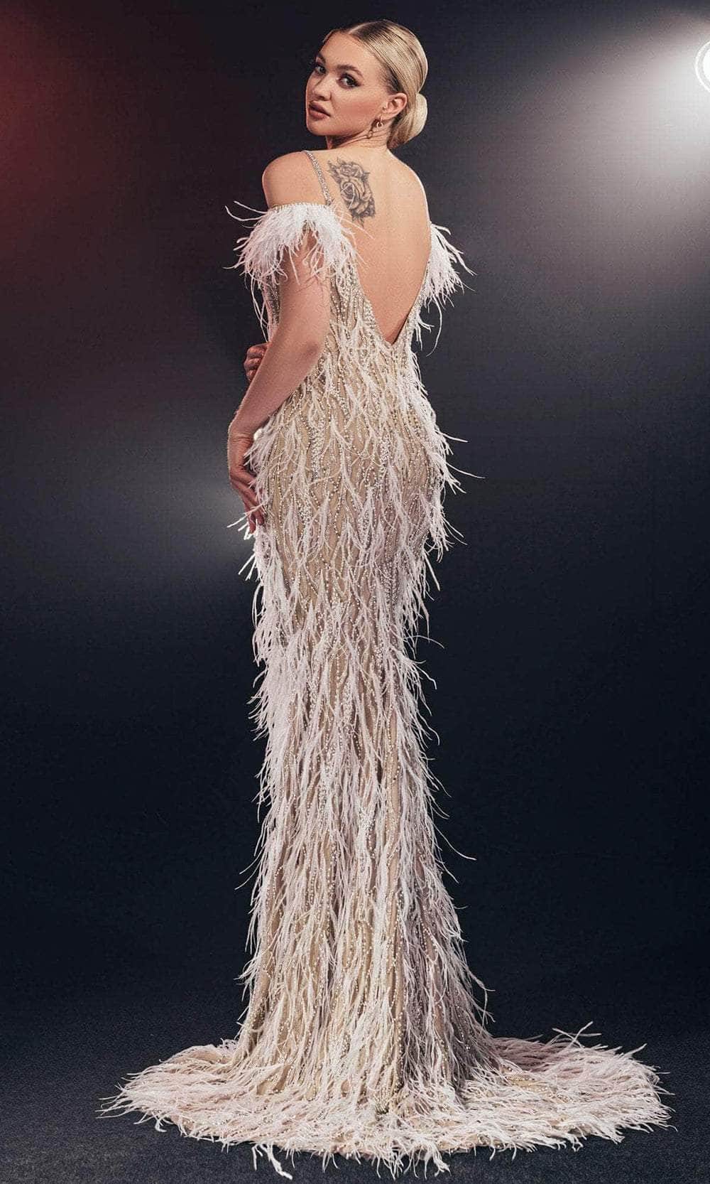 Chic and Holland HF110085 - Feathered Off Shoulder Evening Gown - back view