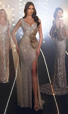 Chic and Holland HF110087 - Cascading Sleeve Asymmetrical Gown