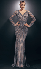 Chic and Holland HF110096 - Stripe Beaded Evening Gown