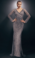 Chic and Holland HF110096 - Stripe Beaded Evening Gown - Silhouette Dresses
