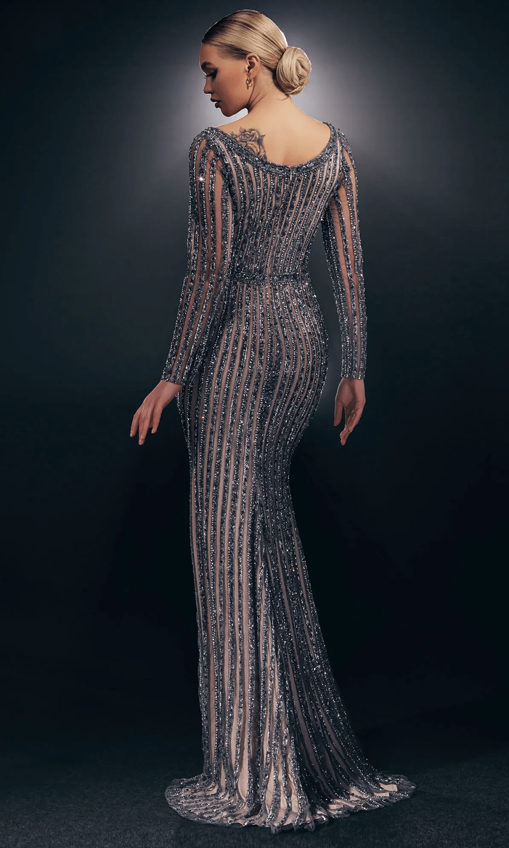 Chic and Holland HF110096 - Stripe Beaded Evening Gown - back view