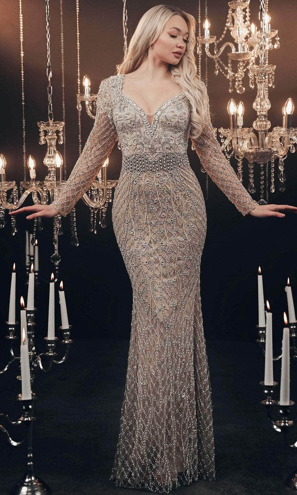 Chic and Holland HF110104 - Long Sleeve Beaded Evening Gown - Silhouette Dresses
