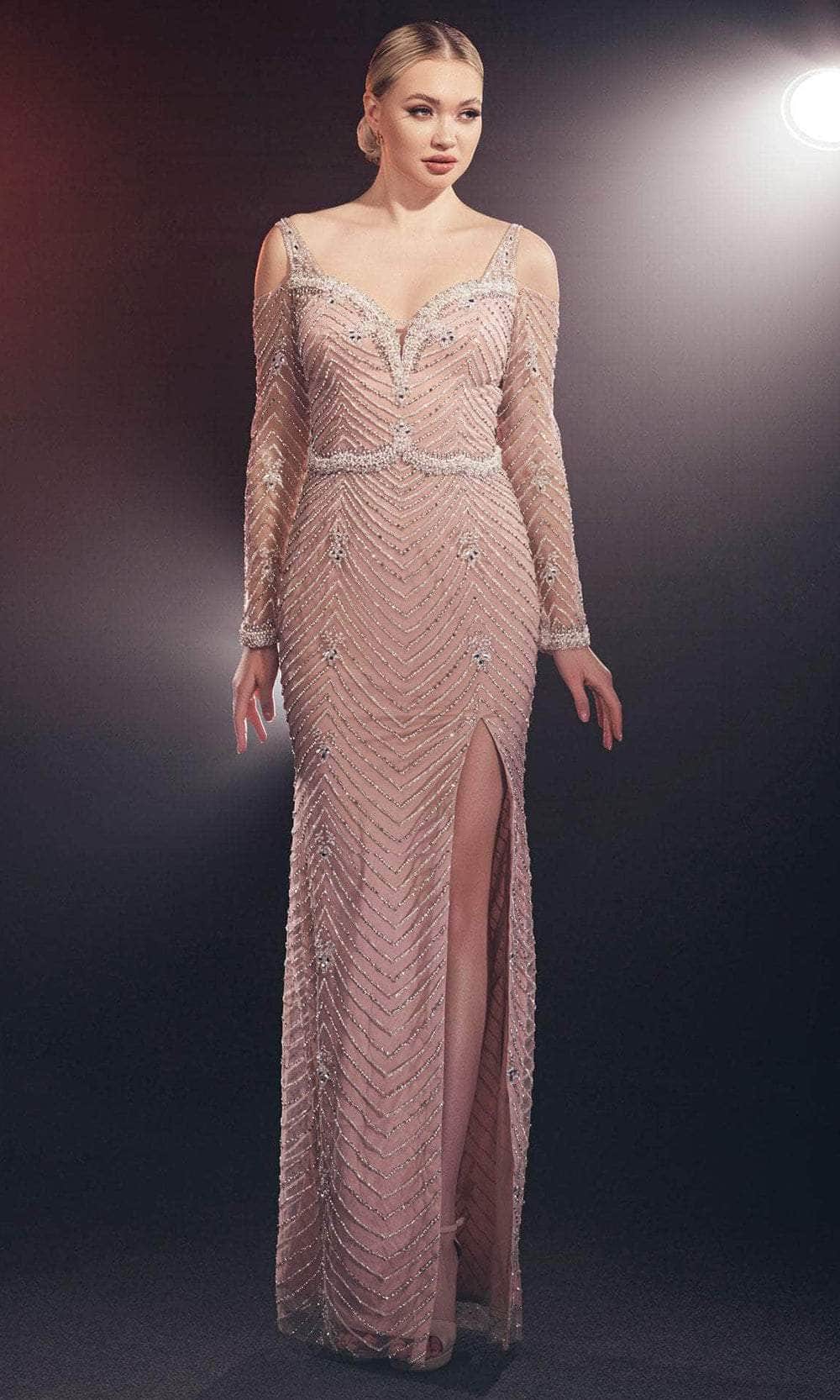 Chic and Holland HF110106 - Long Sleeve Cold Shoulder Gown - Silhouette Dresses