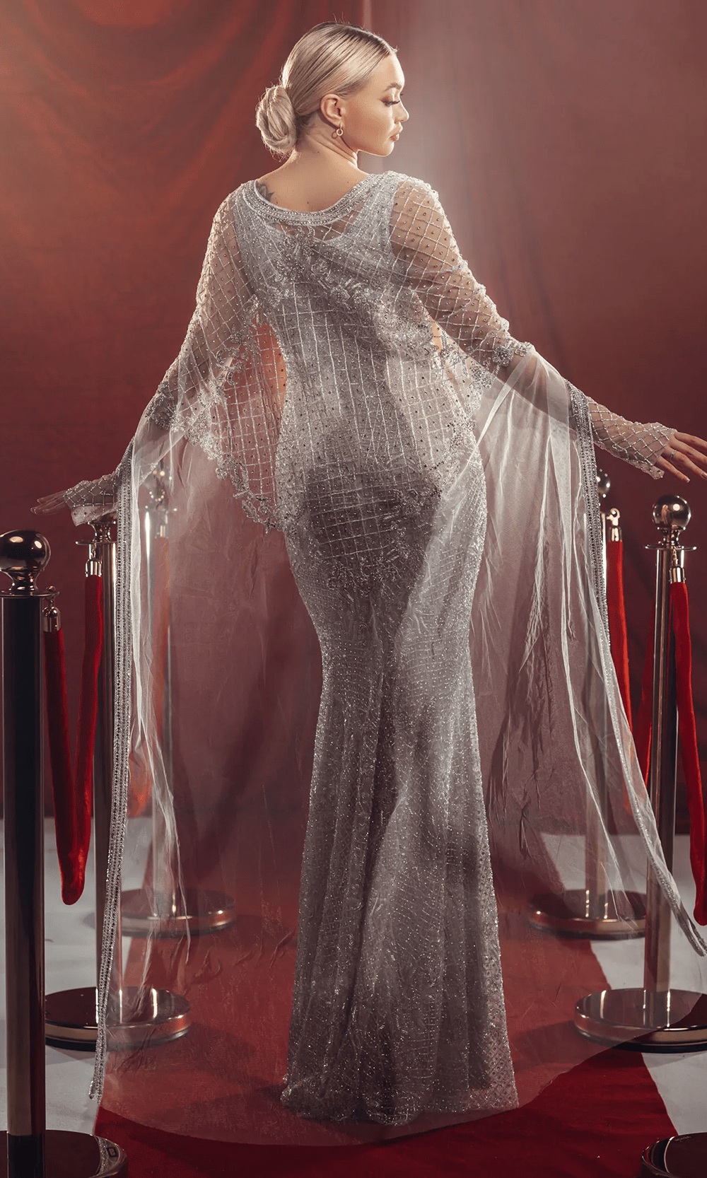 Chic and Holland HF110109 - Lattice Motif Cape Gown - back view