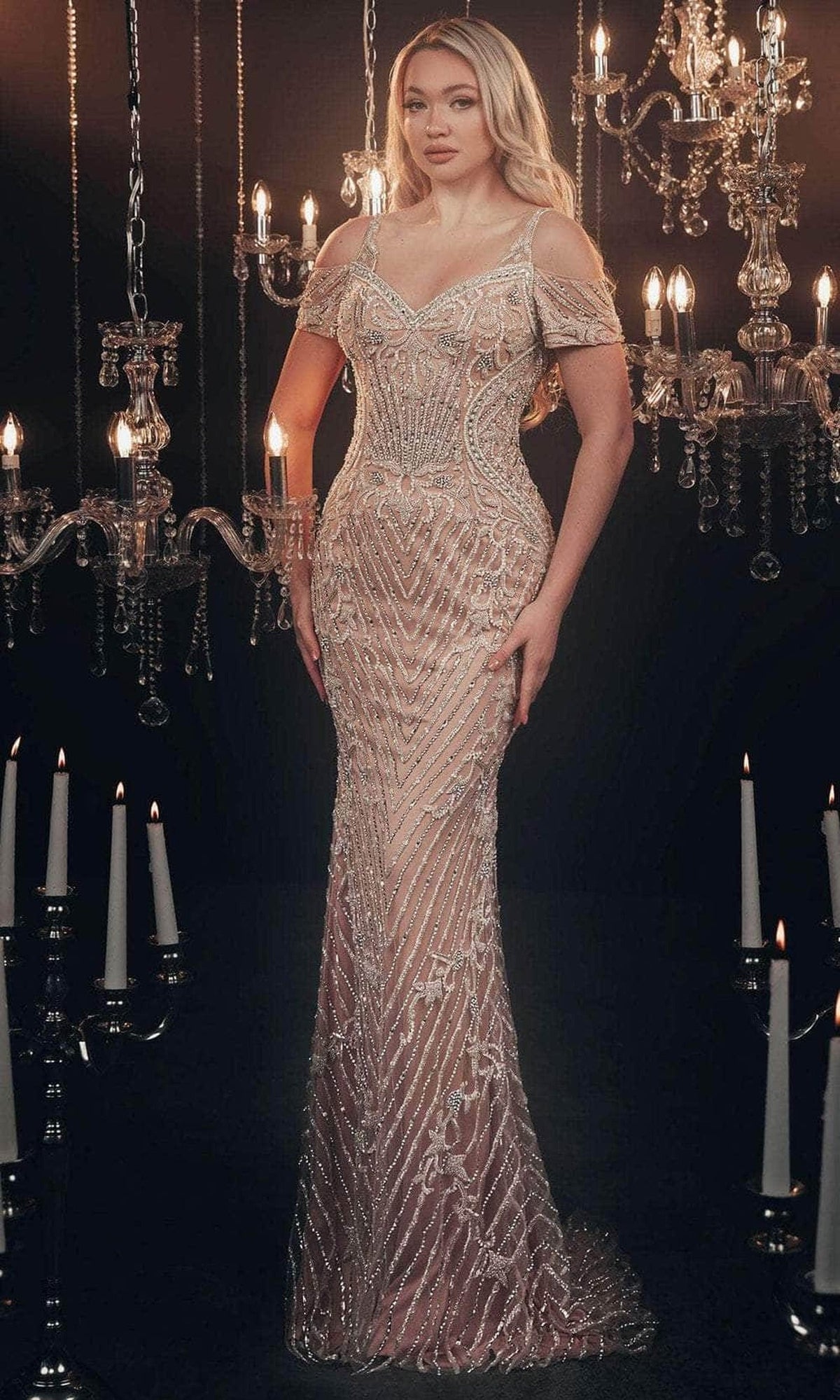 Chic and Holland HF110111 - Bead Embroidered Evening Gown
