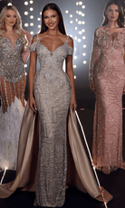 Chic and Holland HF110121 - Beaded Overskirt Evening Gown - Silhouette Dresses