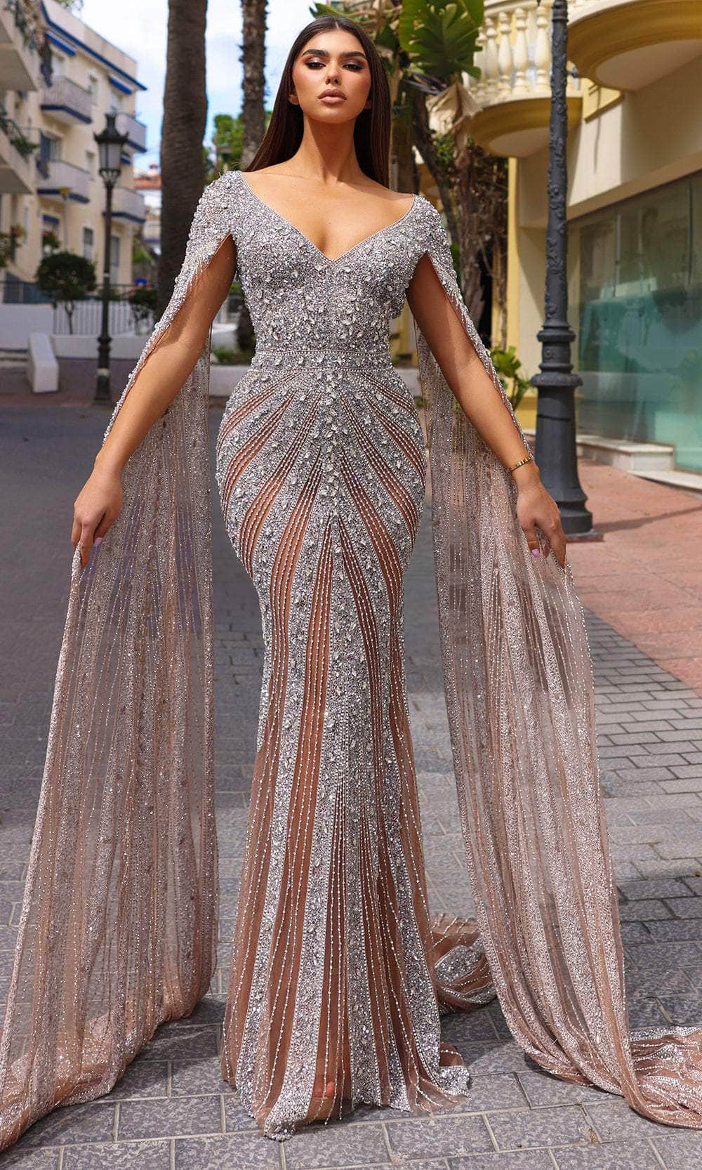 Chic and Holland HF110276 - Cape Sleeve Scoop Back Evening Dress - Silhouette Dresses