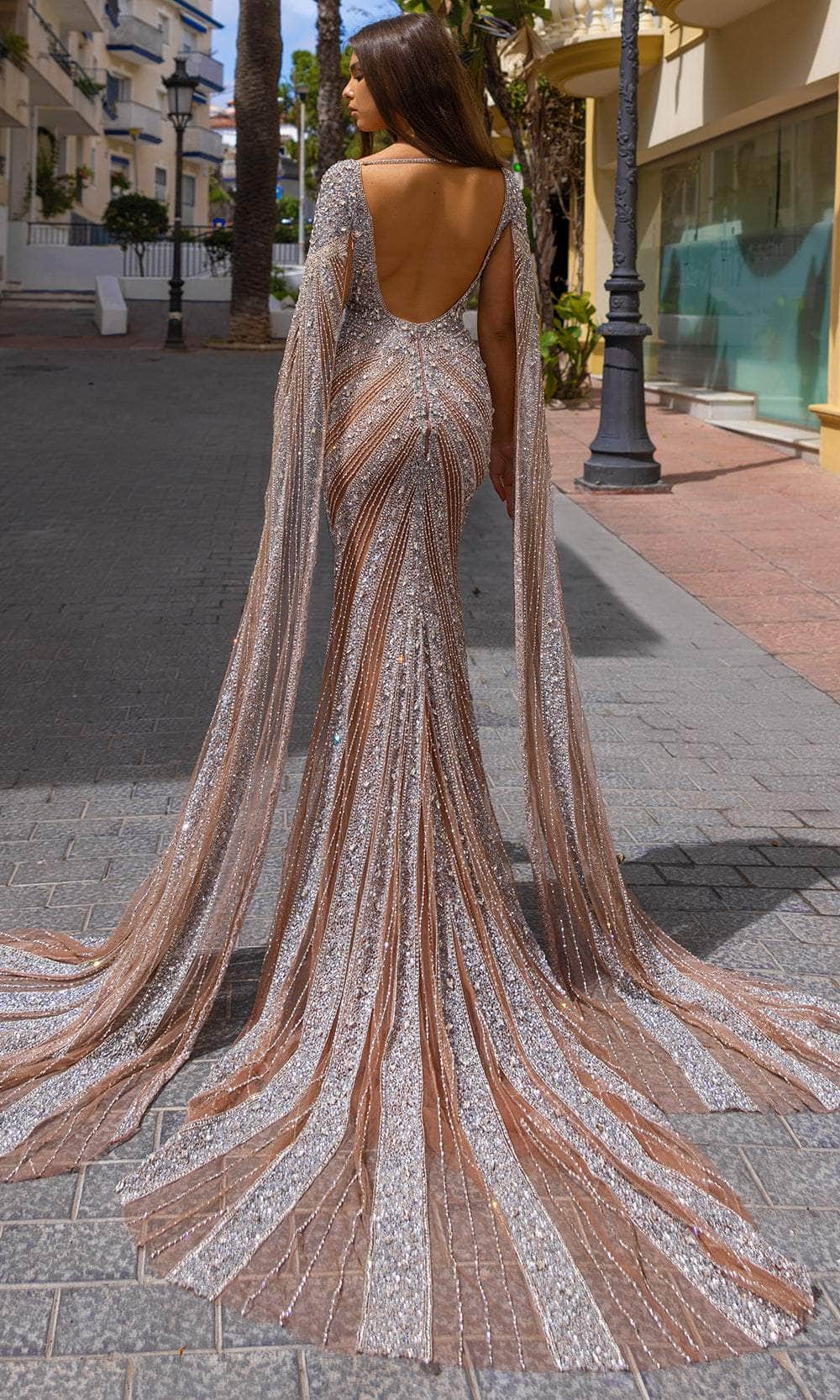 Chic and Holland HF110276 - Cape Sleeve Scoop Back Evening Dress - back view