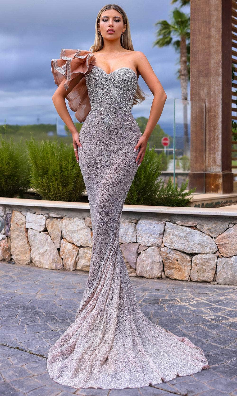 Chic and Holland HF110277 - Ruffled Shoulder Sweetheart Evening Dress - Silhouette Dresses
