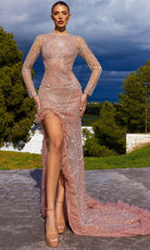 Chic and Holland HF110285 - Long Sleeve Ruffle Trim Evening Dress - Silhouette Dresses