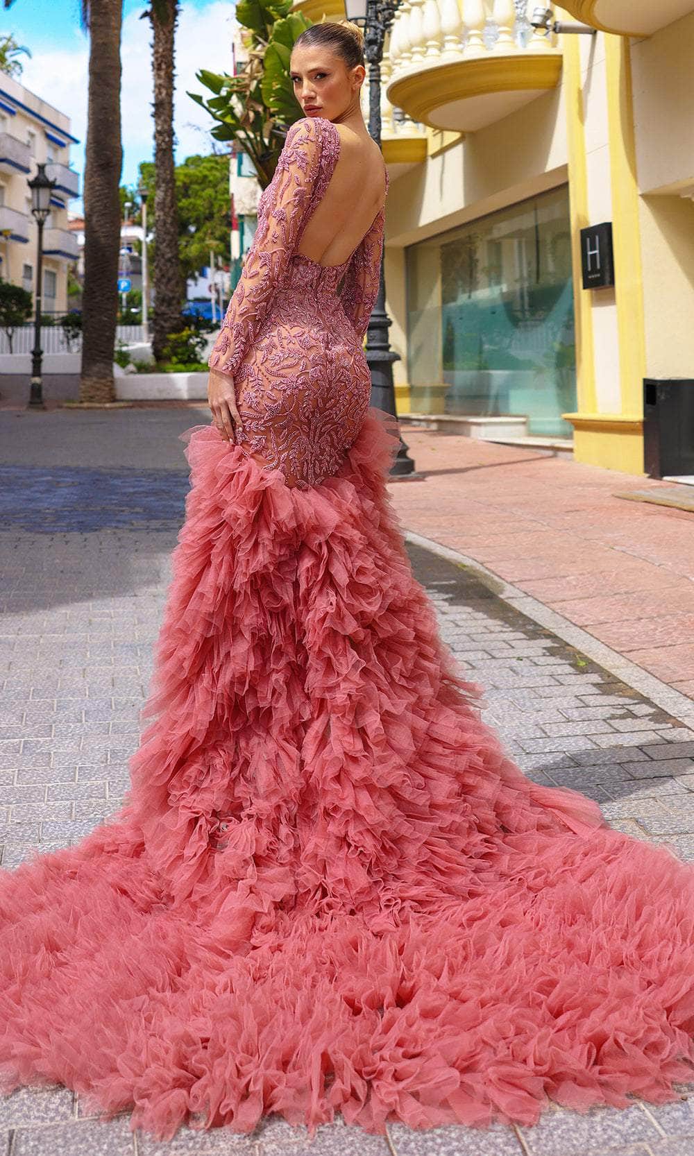 Chic and Holland HF110287 - Backless Ruffled Trumpet Evening Dress - back view