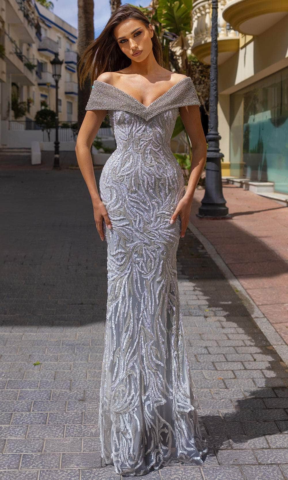Chic and Holland HF110288 - Appliqued Deep V-Neck Evening Dress - Silhouette Dresses
