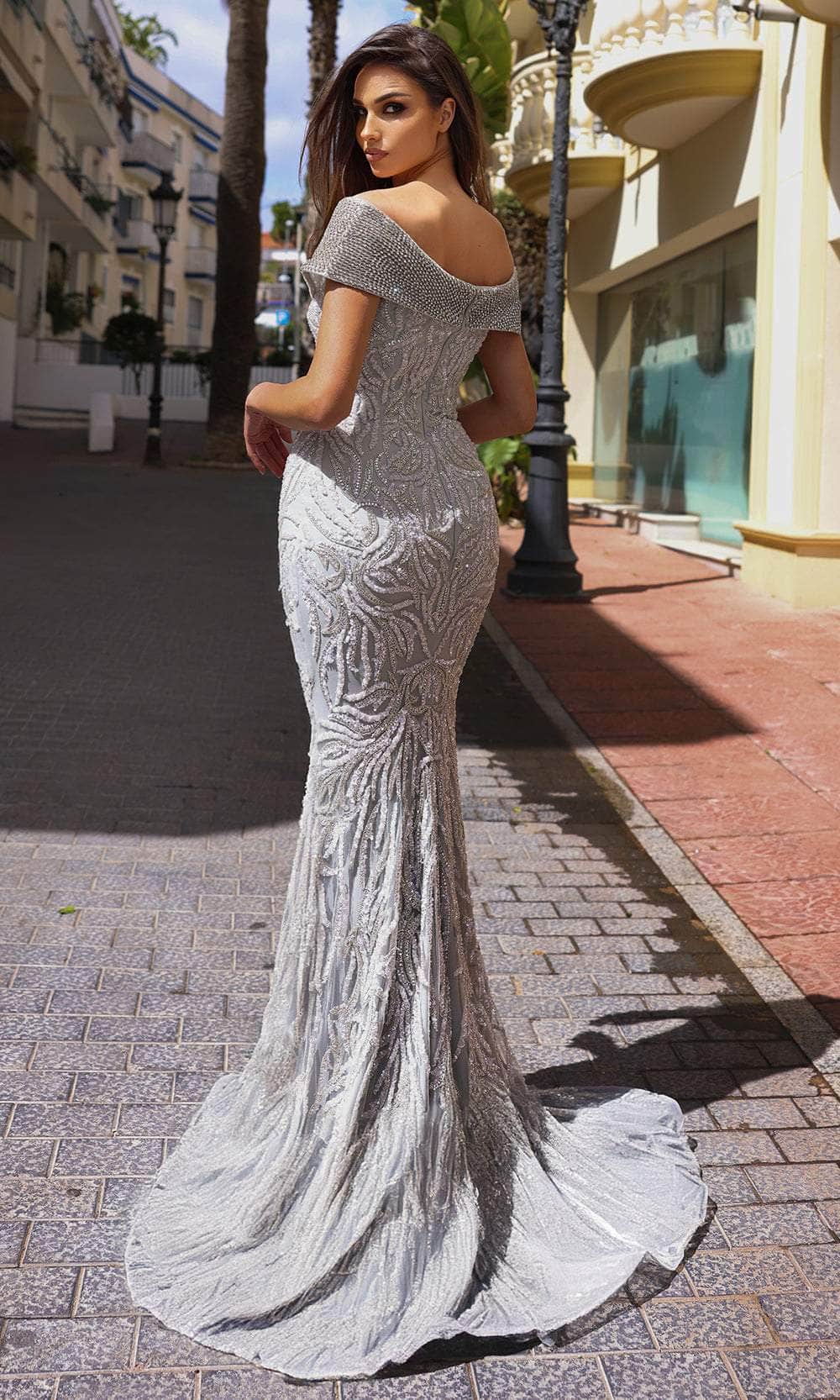Chic and Holland HF110288 - Appliqued Deep V-Neck Evening Dress - back view