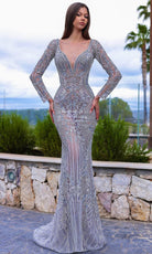 Chic and Holland HF110329 - Beaded Embroidered Plunging Evening Dress