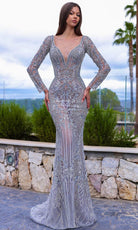 Chic and Holland HF110329 - Beaded Embroidered Plunging Evening Dress - Silhouette Dresses