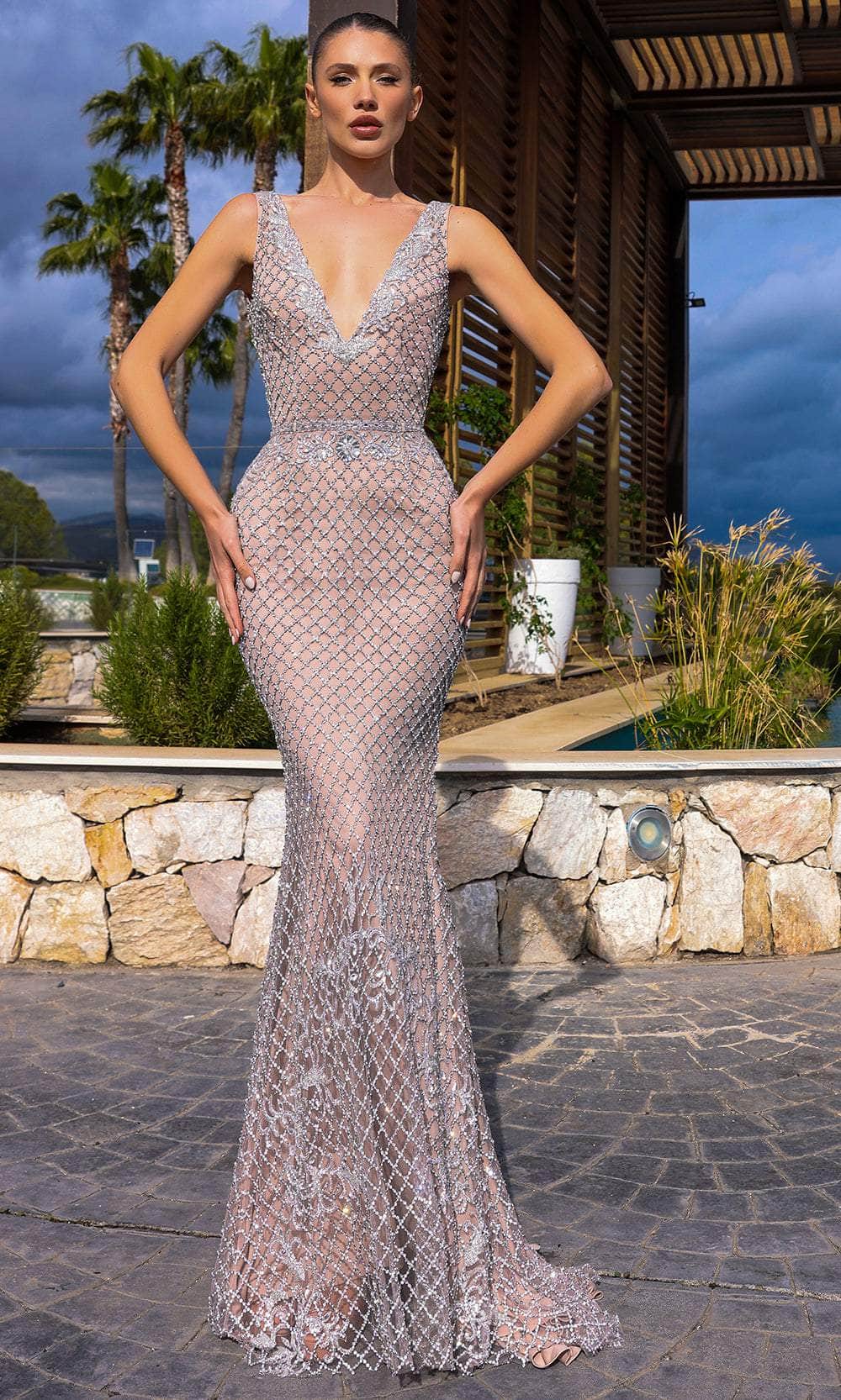 Chic and Holland HF110331 - Beaded Lattice V-Neck Evening Dress - Silhouette Dresses