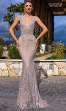 Chic and Holland HF110331 - Beaded Lattice V-Neck Evening Dress - Silhouette Dresses