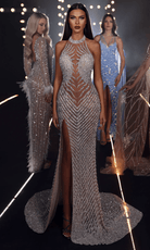 Chic and Holland HF110333 - Illusion Halter Beaded Evening Gown - Silhouette Dresses