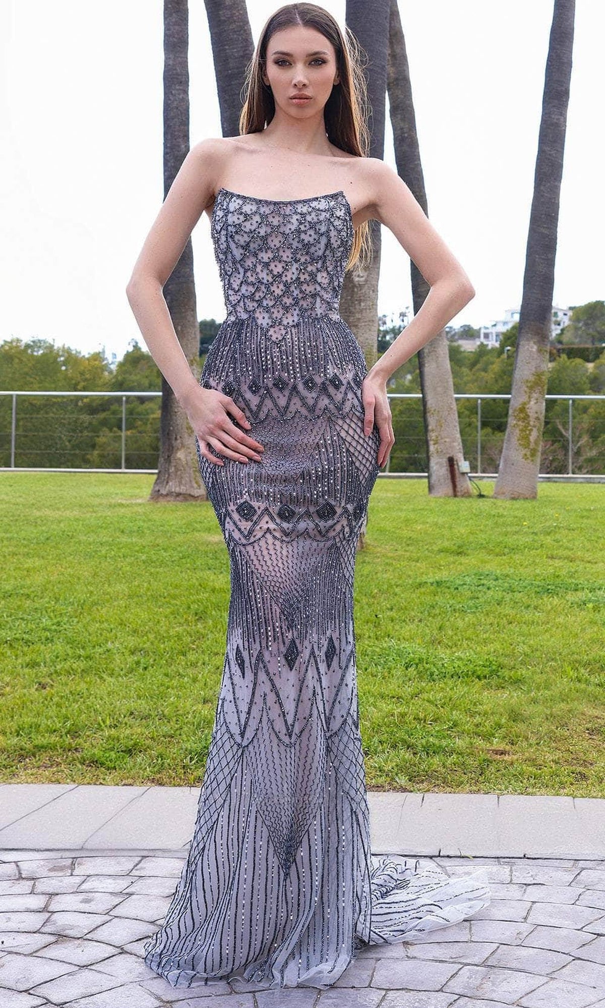 Chic and Holland HF110337 - Strapless Scoop Neck Evening Dress