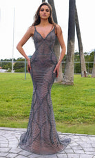Chic and Holland HF110340 - V-Neck Geometric Beaded Evening Dress - Silhouette Dresses