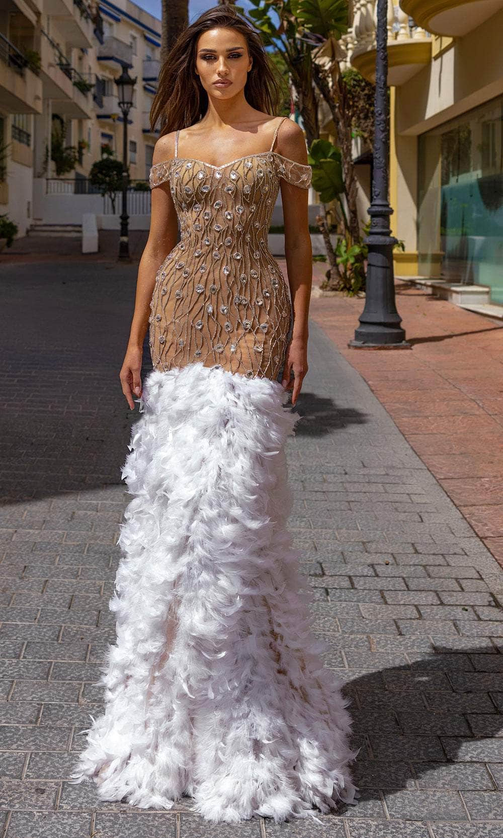 Chic and Holland HF110349 - Cold Shoulder Feather Evening Dress - Silhouette Dresses