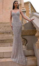 Chic and Holland HF110362 - V-Neck Allover Beaded Evening Dress - Silhouette Dresses