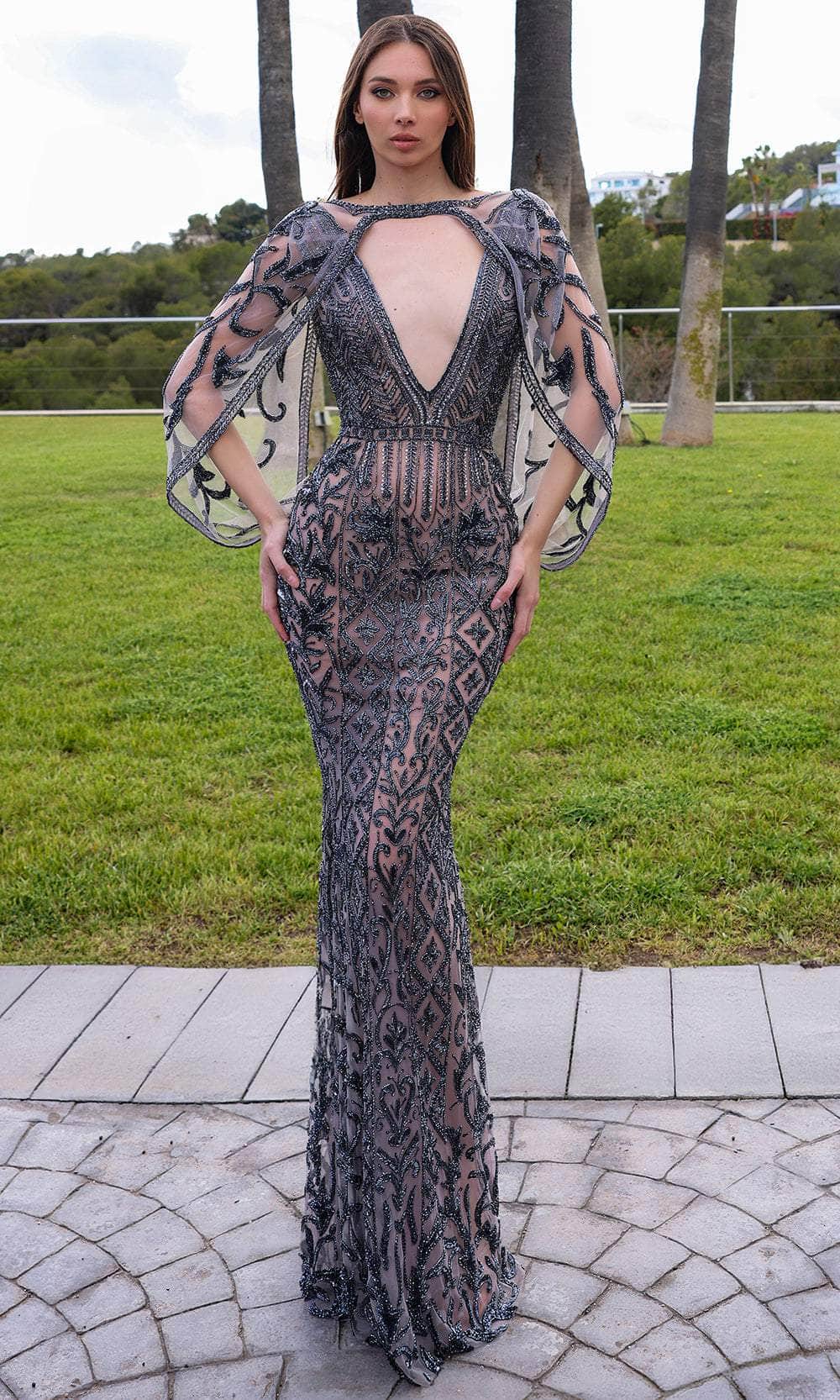 Chic and Holland HF110364 - Jeweled Plunging V-Neck Evening Dress - Silhouette Dresses