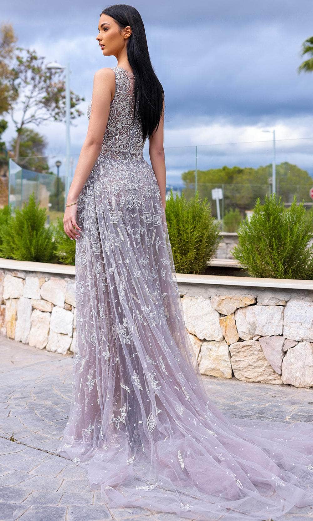 Chic and Holland HF110367 - Beaded Illusion Sleeveless Evening Dress - back view