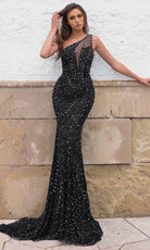 Chic and Holland HF110369 - One Shoulder Jeweled Evening Dress - Silhouette Dresses