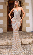 Chic and Holland HF110371 - Beaded Leaf Appliqued Evening Dress - Silhouette Dresses
