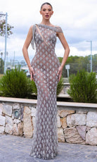 Chic and Holland HF110400 - Asymmetric Beaded Lattice Evening Dress - Silhouette Dresses