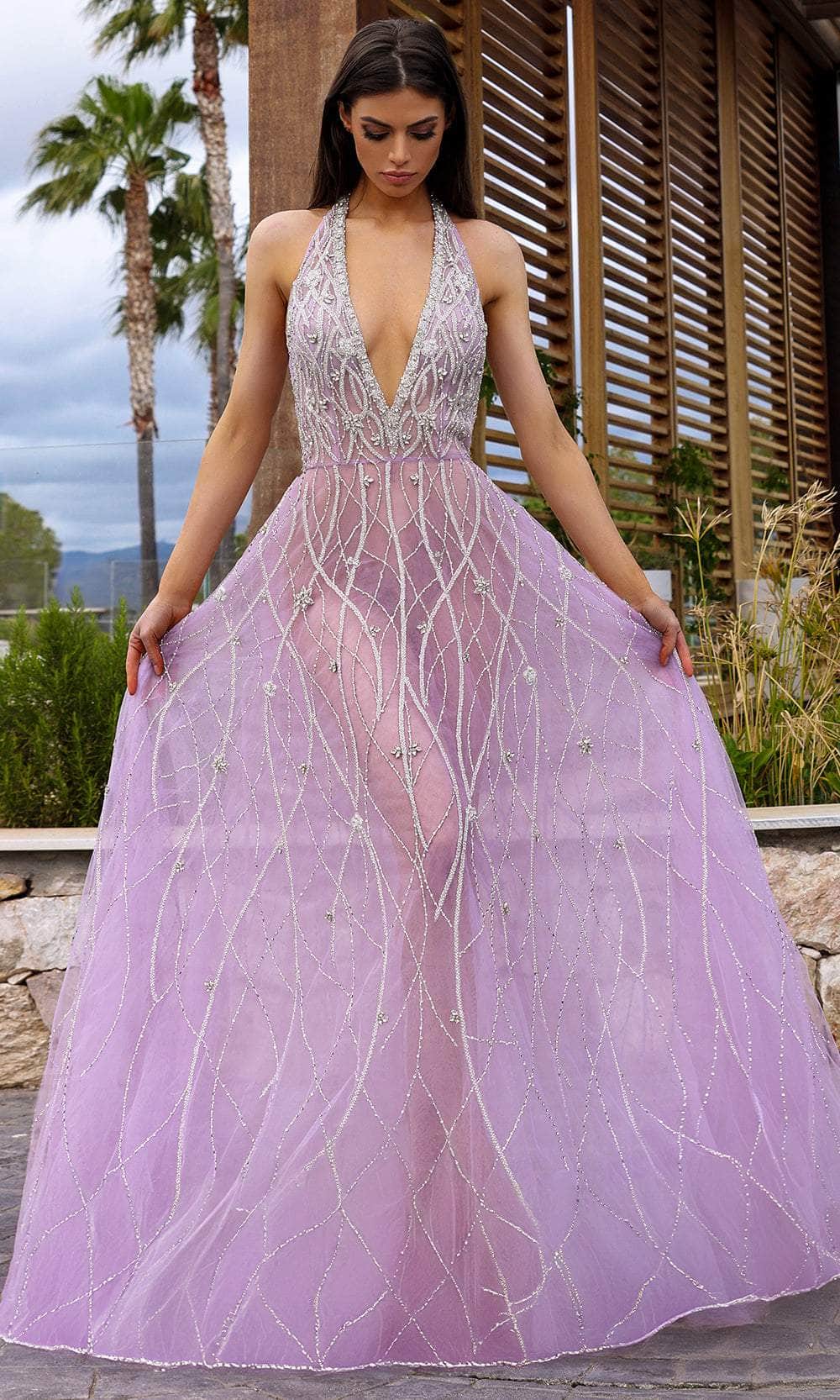 Chic and Holland HF110413 - See-Through Skirt Halter Evening Dress - Silhouette Dresses
