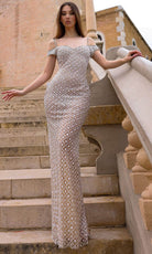 Chic and Holland HF110417 - Floral Beaded Cold Shoulder Evening Dress - Silhouette Dresses