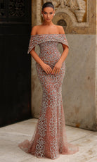 Chic and Holland HF110498 - Off Shoulder Scroll Beaded Gown