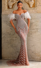Chic and Holland HF110511 - Geometric Beaded Feather Sleeve Gown