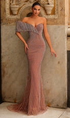 Chic and Holland HF110521 - Off Shoulder Linear Beading Gown