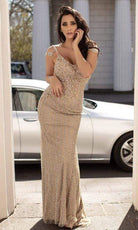 Chic and Holland - HF1365 Patterned Crystal Beaded Fitted Evening Gown - Silhouette Dresses