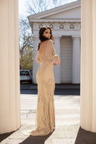 Chic and Holland - HF1476 Long Sleeve V-Neck Fully Beaded Sheath Gown