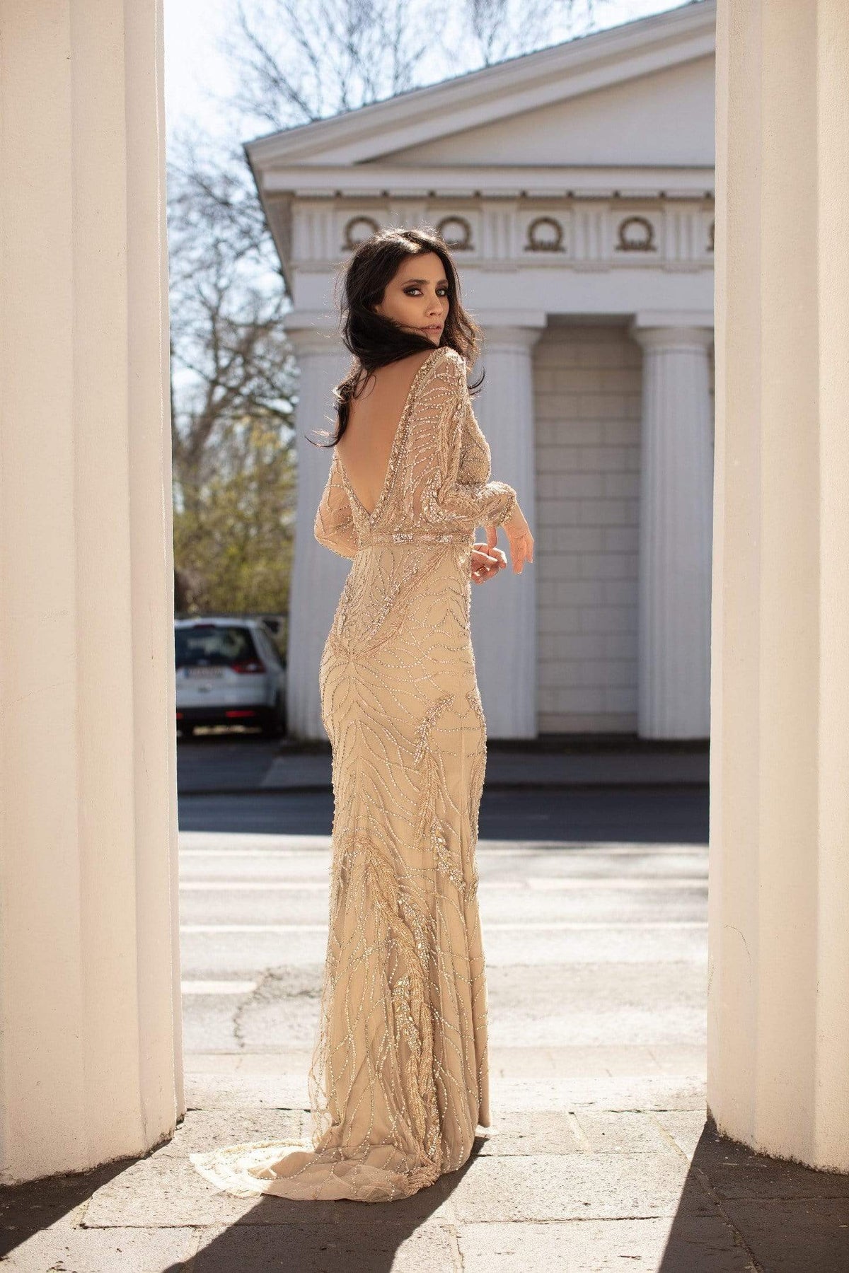 Chic and Holland - HF1476 Long Sleeve V-Neck Fully Beaded Sheath Gown - back view