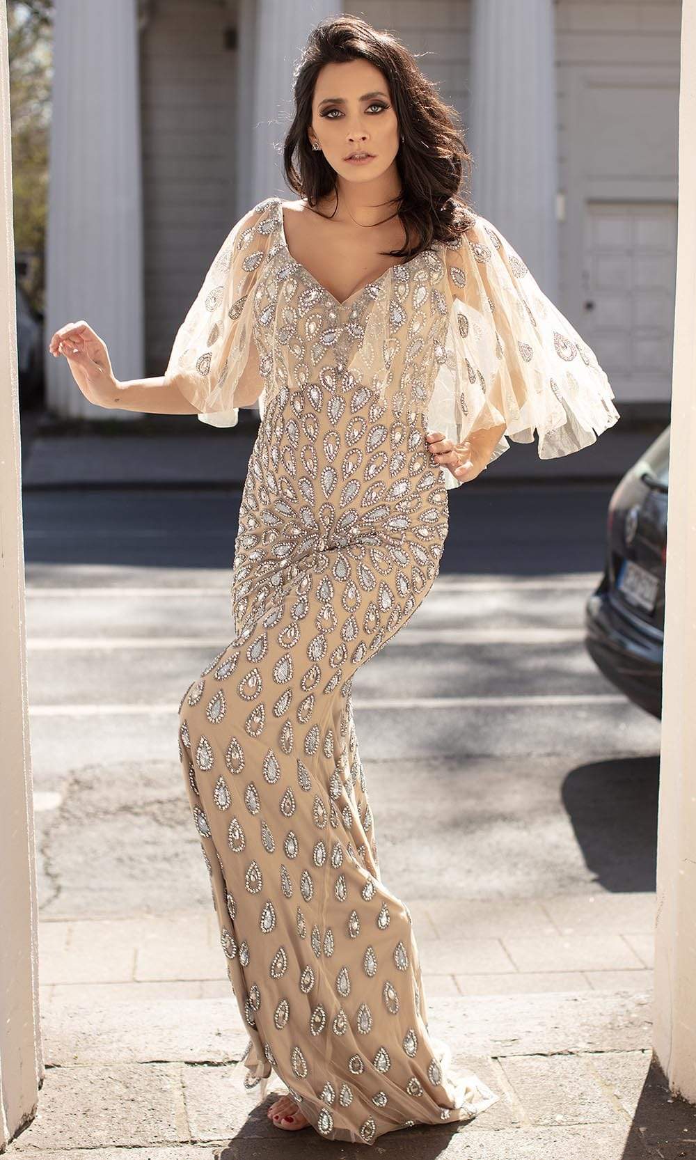 Chic and Holland - HF1527 Embellished V Neck Long Fitted Dress - Silhouette Dresses
