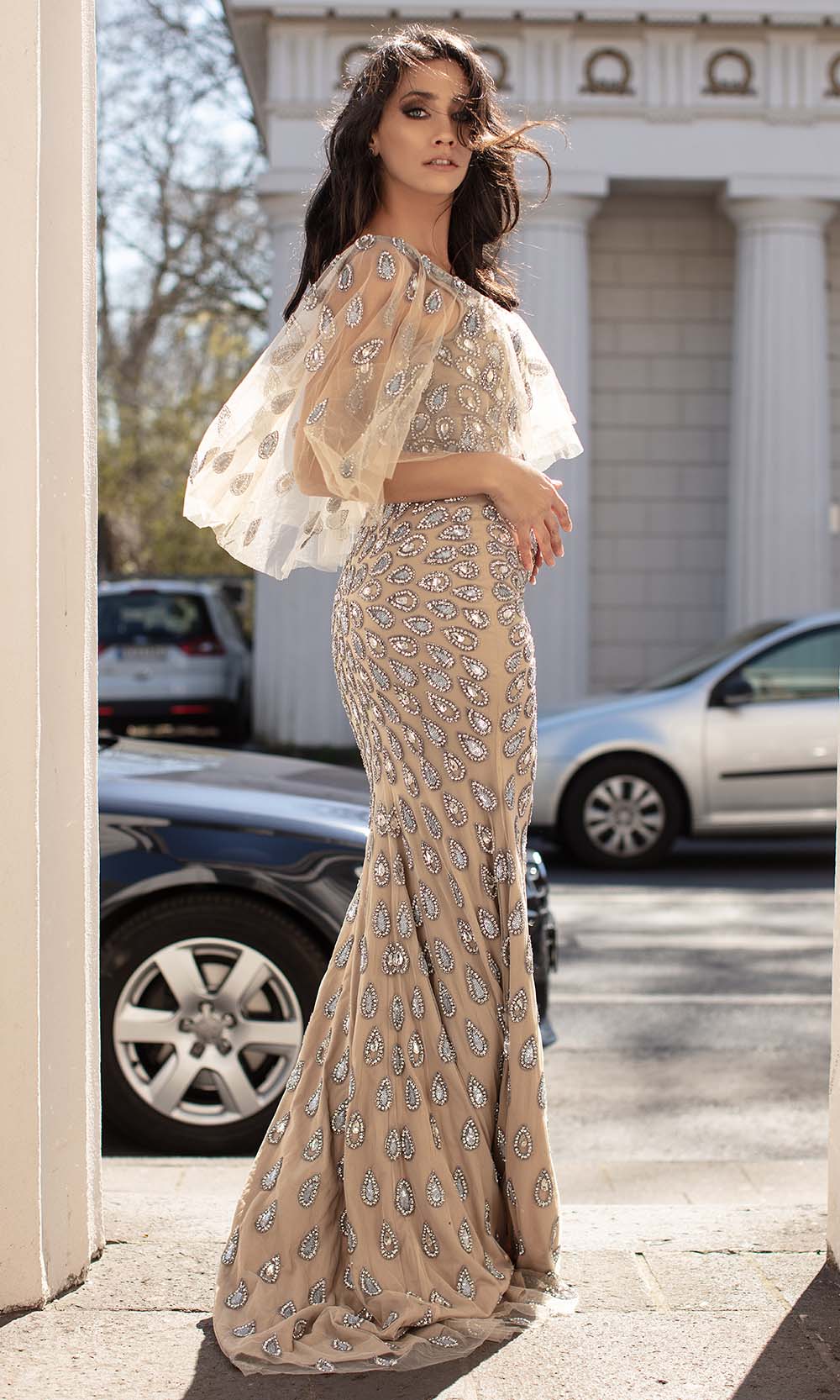 Chic and Holland - HF1527 Embellished V Neck Long Fitted Dress - back view
