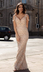 Chic and Holland - HF1530 Beaded Deep V Neck Fitted Dress - Silhouette Dresses