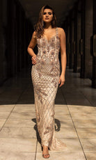 Chic and Holland - HF1531 Embellished Deep V Neck Sheath Dress - Silhouette Dresses