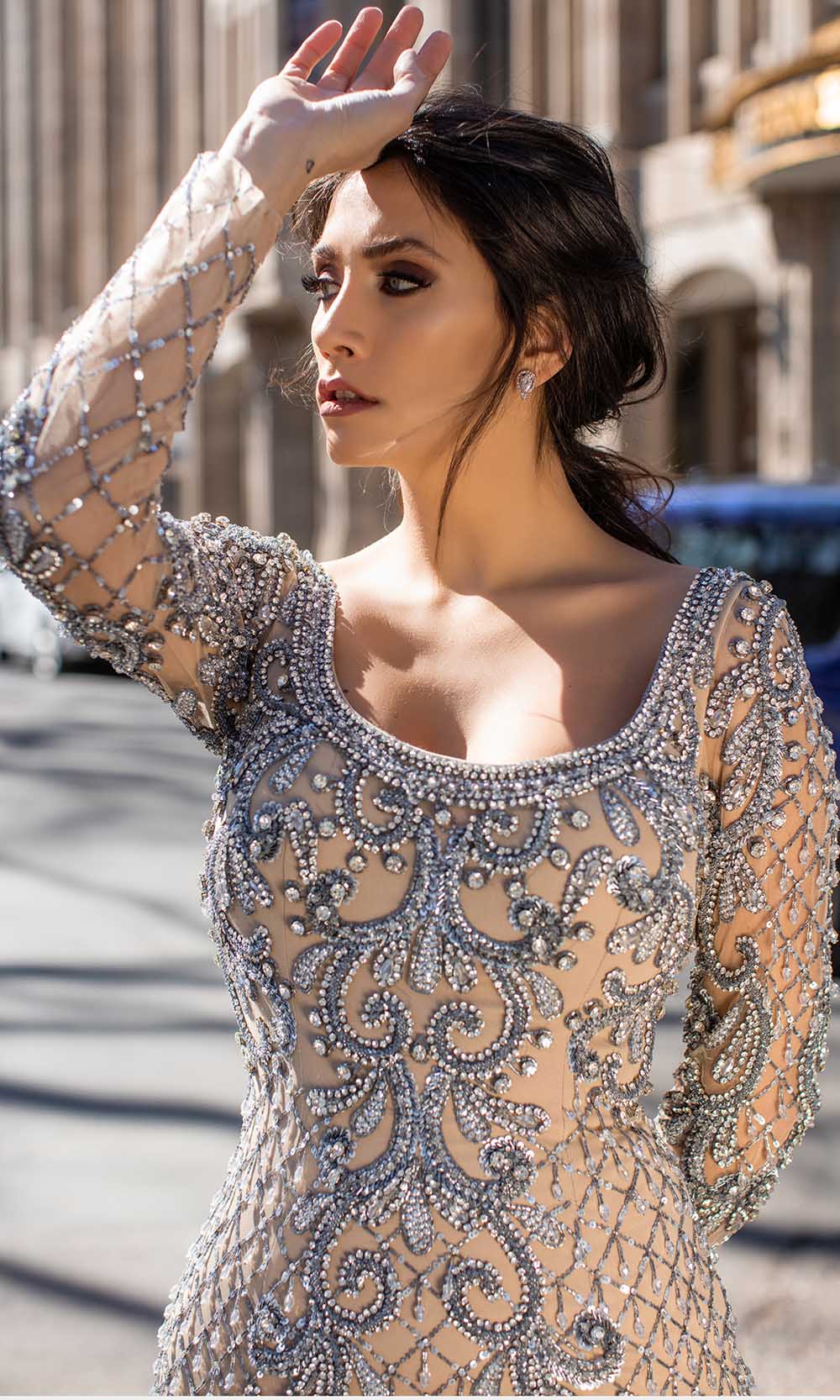 Chic and Holland - HF1537 Embellished Long Sleeve Scoop Sheath Dress - detail view