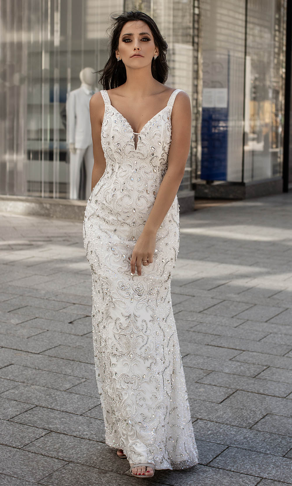 Chic and Holland - HF1539 Embellished Deep V Neck Long Gown - Silhouette Dresses