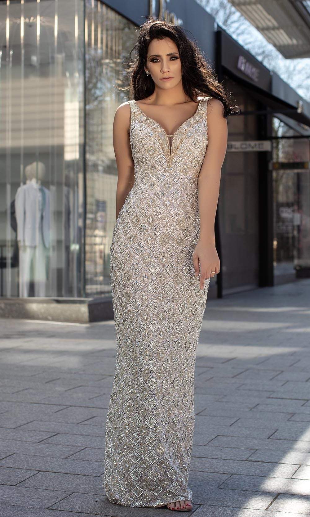 Chic and Holland - HF1544 Embellished Deep V-Neck Junior Prom Dress - Silhouette Dresses