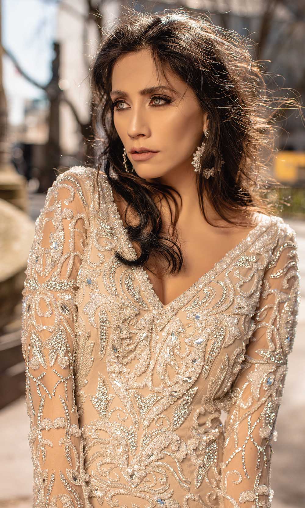 Chic and Holland - HF1552 Bedazzled Long Sleeve Sheath Dress - detail view