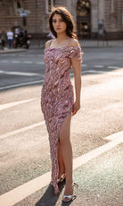Chic and Holland - HF1553 Beaded Off Shoulder High Slit Dress - Silhouette Dresses